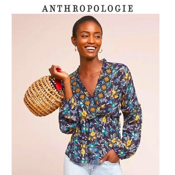 ANTHROPOLOGIE - Meadow Rue Strasser Boho navy blue floral embroidered blouse - Picture 1 of 11